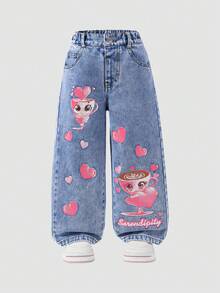 Young Girl Fashionable Snowflake Cartoon Pattern Pocket Loose Wide-Leg Casual Jeans Cutesy Clothes - Blue - View 5