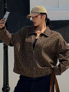 Dazy Plus Plus Size Women Vintage Zipper Front Lapel Leopard Print Denim Jacket, Streetwear Style, Spring/Autumn - Khaki - View 3