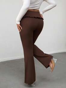 Firerie 大码女式休闲优雅简约百搭日常荷叶边下摆喇叭形弹力紧身裤，秋冬 - 咖啡棕 - 查看 2