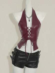 SHEIN ICON Y2K Women's Burgundy PU Goth Fashion Sexy Criss-Cross Backless Halter Top,Sexy Tops - Burgundy - View 7