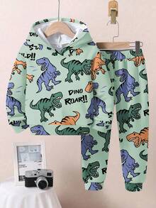 2 件套男童休闲宽松恐龙印花连帽衫和裤子套装，适合秋冬季 - 彩色 - 查看 2