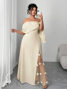 Elenzga Vestido asimétrico elegante con parches de malla y estampado floral retro francés de moda