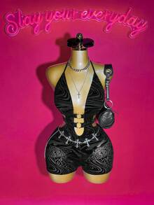 Slaydiva 2025 Autunno e Inverno Nuovo Sexy Tuta Corta da Donna Stile Y2K, Nera, Aderente, in Tessuto di Rete e Velluto con Stampa Leopardata, Decorazioni Metalliche e Spalline Scollate, Adatta per Feste, Cene, Appuntamenti, Discoteche, Viaggi, Aeroporto, Streetwear, Raduni, Vacanze - nero - Visualizzare 3
