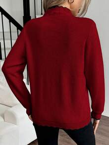 Elenzga Suéter casual de mujer con bloqueo de color y ribete de volantes, otoño/invierno - Rojo - Ver 2
