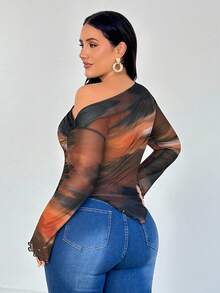 Firerie Plus Size Women's Elegant Romantic Tie Dye Print Long Sleeve Asymmetrical Hem T-Shirt,Fall Clothes For Women