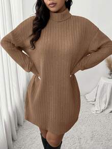 SHEIN Frenchy Vestido de cuello alto acanalado con textura suave, de estilo minimalista y casual, talla grande, adecuado para el tiempo libre y el hogar, otoño/invierno - Caqui - Ver 4