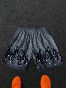 Manfinity EMRG 男士夏季休闲街头彩色水钻字母&火焰印花抽绳腰宽松短裤洛杉矶短裤火焰短裤男士图案短裤水钻短裤男士短裤