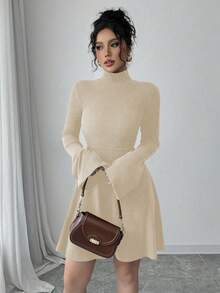 Elenzga 女式休闲中长连衣裙，长袖，仿衬衫领，半开襟，口袋，袖子和下摆采用撞色拼接，米色和白色 - 杏色 - 查看 5