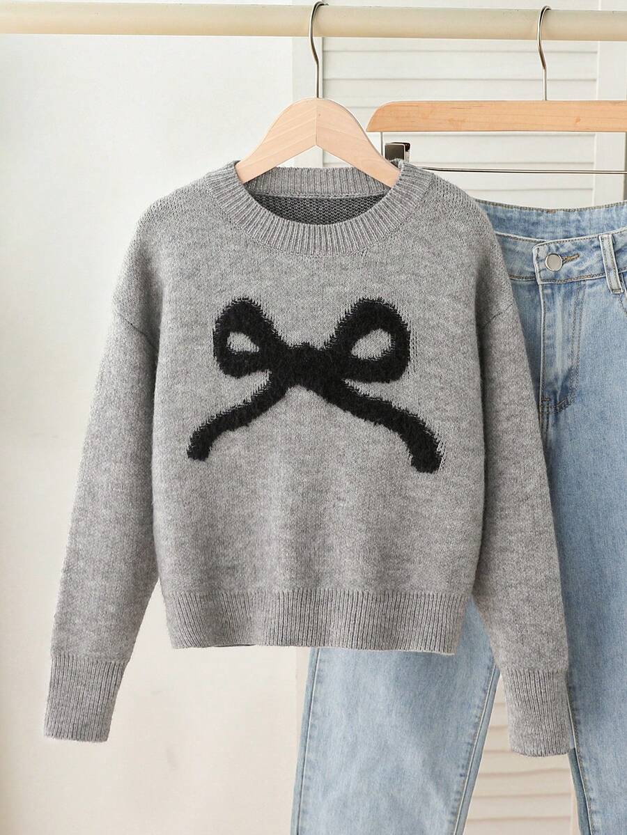Sparklyn Áo len thường ngày phong cách Hàn Quốc mới, áo chui đầu cổ tròn trang trí nơ, đa năng, dáng rộng, áo dệt kim chất lượng cao - Xám - Xem 1