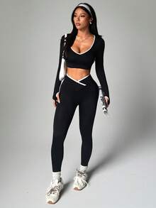Dewbera Set de 2 piezas de ropa deportiva sin costuras de color contrastante para mujer, conjunto deportivo de dos piezas activo, conjunto de dos piezas de manga larga para entrenamiento, conjunto de leggings y top para entrenamiento, conjunto de curvas para actividades, conjunto de dos piezas para gimnasio - Negro - Ver 4