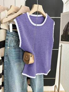 Franclia Casual Loose Crew Neck Sleeveless Knit Contrast Trim Khaki Sweater Top For Women, Spring/Autumn