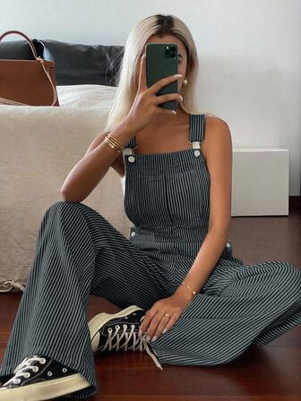 DAZY Women's Casual Striped Pocket Denim Bib Pants, Summer