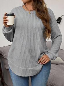 EMERY ROSE Damen Große Größen Einfarbiges Rundhals Langarm Geripptes Lässiges Loose Fit T-Shirt