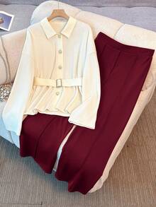 Franclia 女士优雅知性长袖开衫和裤子两件套，秋冬时尚 - 酒紅色 - 查看 8