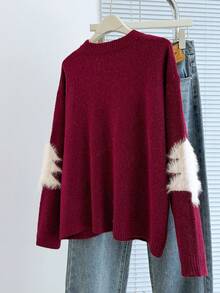 Franclia 女式宽松落肩长袖雪花圣诞针织毛衣，秋冬 - 酒紅色 - 查看 2
