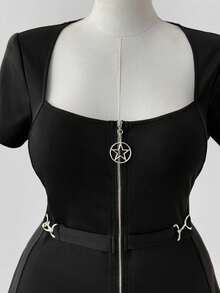 Sweetra Plus Punk Metal Zipper Star Decor Round Neck Flare Hem Short Sleeve Dress, Casual Leisure Wear Suitable For Daily, Back To School, Halloween, Holiday Goth Dress Punk Dress - Black - View 3