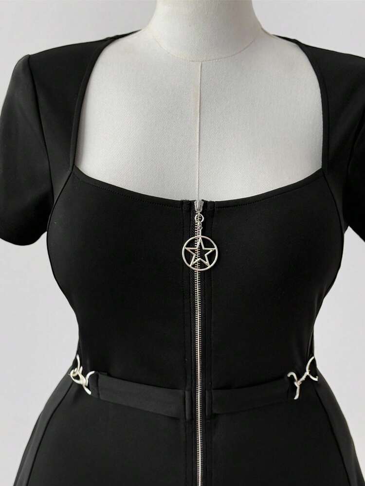 Sweetra Plus Punk Metal Zipper Star Decor Round Neck Flare Hem Short Sleeve Dress,Black,Autumn,Goth,Concert,Night Out Club,Casual Leisure Halloween Holiday - Black - View 7