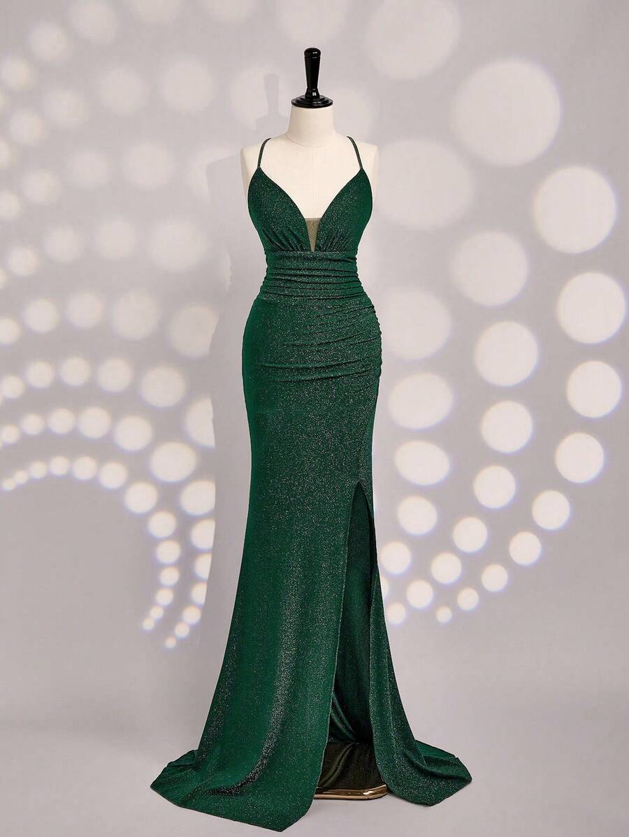 Coutiva Women's Backless Halter Formal Evening Gown - Dark Green - View 1