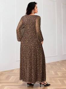 Modelyn 加大码优雅碎花长裙，适合通勤 - 棕色 - 查看 2