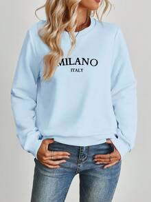 SHEIN EZwear 休闲简约米兰印花图案浅蓝色圆领宽松长袖女式卫衣，适合秋冬季穿着。 - 淺藍色 - 查看 6