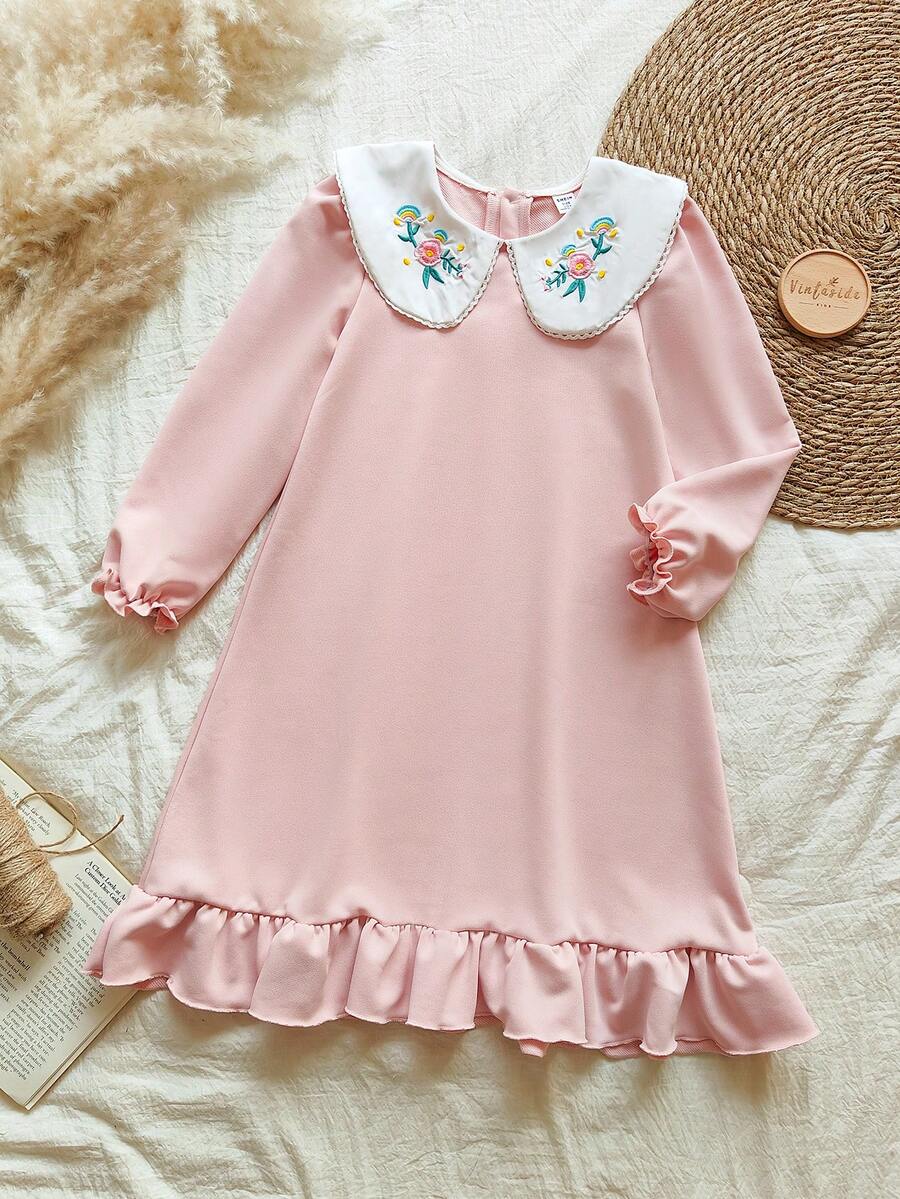 SHEIN Vintaside Kids 女童刺绣彼得潘领长袖公主裙,舒适时尚,适合日常穿着,春秋季 - 粉色 - 查看 1