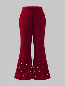 Tenue décontractée de printemps/automne pour filles, comprenant une chemise bordeaux avec décoration de nœud 3D, un tricot perlé, un col et une bordure volantés, associée à un pantalon évasé kaki orné de perles, un ensemble 2 pièces, convenant pour la rentrée scolaire, le style décontracté, la mode, le look mignon et confortable pour l'extérieur/les voyages