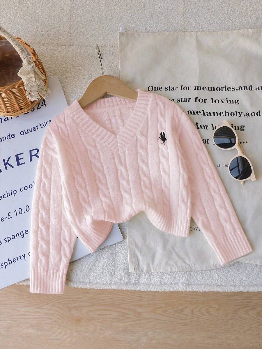 1 件女童经典粗针织套头衫，V 领修身长袖常规厚度针织上衣，带有黑色骏马刺绣装饰，舒适百搭，适合春秋季节、日常休闲穿着或户外活动