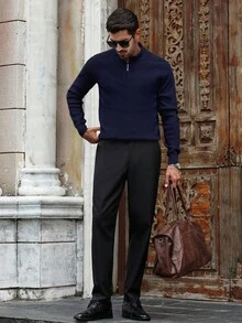 Manfinity Bizformal Men's Solid Color Half-Zip Long Sleeve Casual Knit Pullover Sweater - Navy Blue - View 4