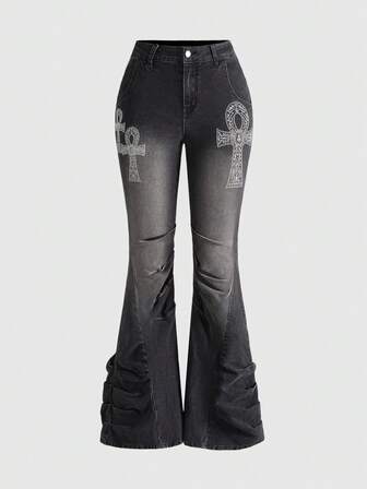 Goth Jeans acampanados de talle súper bajo para mujer con bordado de cruz gótica vintage, efecto desgastado, ajuste ceñido, para Halloween