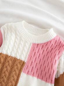 2 piezas Conjunto de suéter de punto de bloques de color y pantalones de punto de cintura elástica para niñas bebés, suéter casual de cuello redondo y cuadrados de colores, cárdigan de punto de moda para exteriores, adecuado para otoño/invierno - Caqui - Ver 4