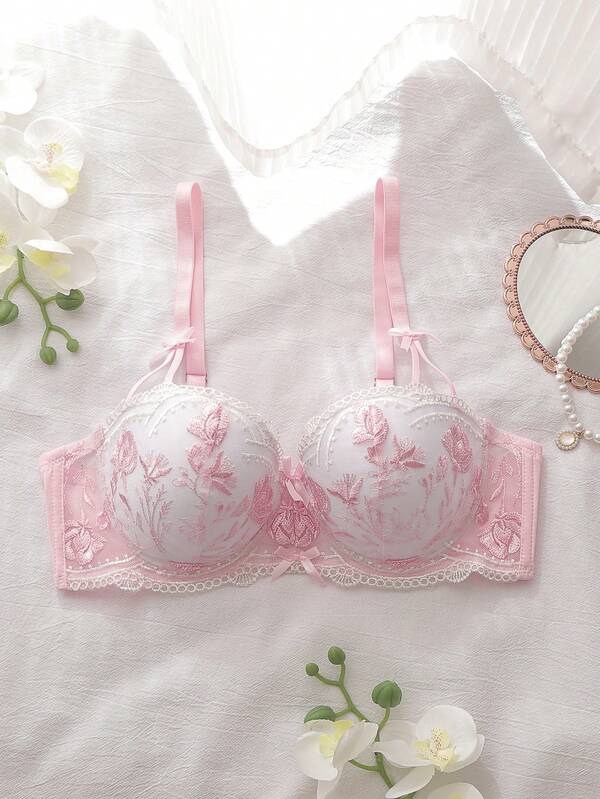 DelicateAllure 1pc Embroidered Mesh Babydoll Lingerie Set, Padded Cup With Underwire, Intimate Sleepwear For Summer Holiday, Pink Girly Women's Bra