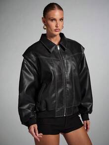 SHEIN BAE 女式纯色长袖拉链休闲宽松 PU 皮夹克，秋季 - 黑色 - 查看 3