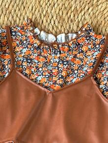 2 件套青少年女孩休闲 PU 皮革吊带背心和印花荷叶边长袖连衣裙，中式领，优雅日常装扮，春秋季 - 咖啡棕 - 查看 5