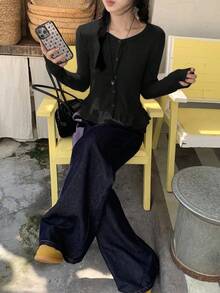 DAZY Women's Casual Ruffle Trim Round Neck Long Sleeve T-Shirt, Korean Style - Black - View 2