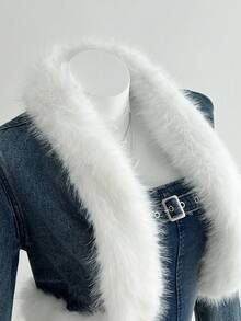 Elamini 女士秋季时尚拼接仿毛皮饰边前开襟牛仔外套 - 藍色 - 查看 5