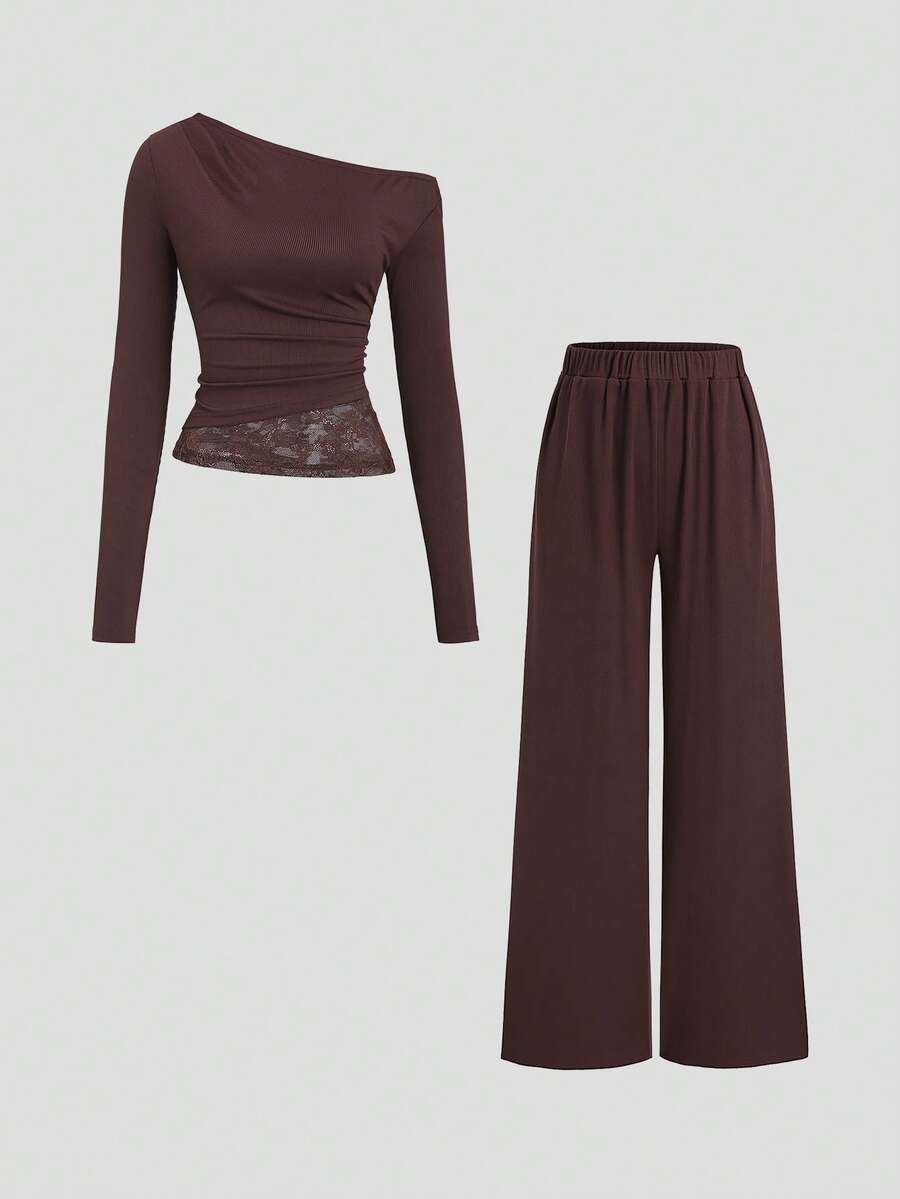 Sweetra 2pcs Women Solid Color Lace Patchwork Asymmetrical Shoulder Long Sleeve T-Shirt And Pants Set - Brown - View 1