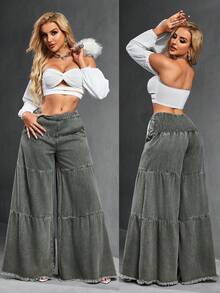 SHEIN SXY 女式宽松男友风破洞下摆拼布牛仔裤 - 軍綠色 - 查看 3