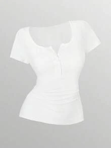 Plus Size Solid Color Casual T-Shirt With Button Decor, Minimalist Design