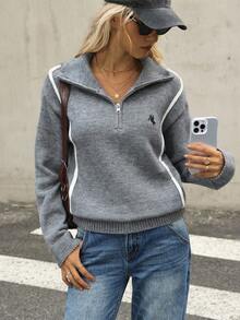 Chiquease Women's Dark Grey Knight Pattern Half-Zip Patchwork Striped Sweater - Dark Grey - View 3