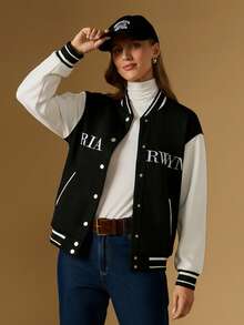 Briarwyn Women's Casual Color Block Letter Embroidery Baseball Jacket, Autumn Winter,New Year,Old Money Style - Black and White - View 6