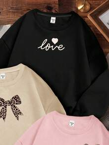SHEIN Leap Crew 三件套复古奶油色、米白色、黑色豹纹爱心、豹纹蝴蝶结、字母图案少女休闲宽松圆领长袖卫衣，适合秋冬季穿着。 - 彩色 - 查看 5