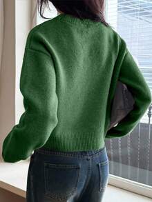 DAZY 女士休闲纯色落肩圆领毛衣，秋季新品 - 墨綠色 - 查看 3