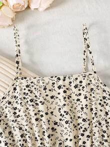 SHEIN Teen Girls Apricot Ribbed Knit Cardigan Jacket Shawl Collar Long Sleeve Top & Ditsy Floral Waist Tie Dress 2 Pieces Casual Vacation Set - Apricot - View 5