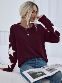 EMERY ROSE Women's Colorblock Five-Pointed Star Pattern Long Sleeve Casual Pullover Sweater - Maroon - View 5