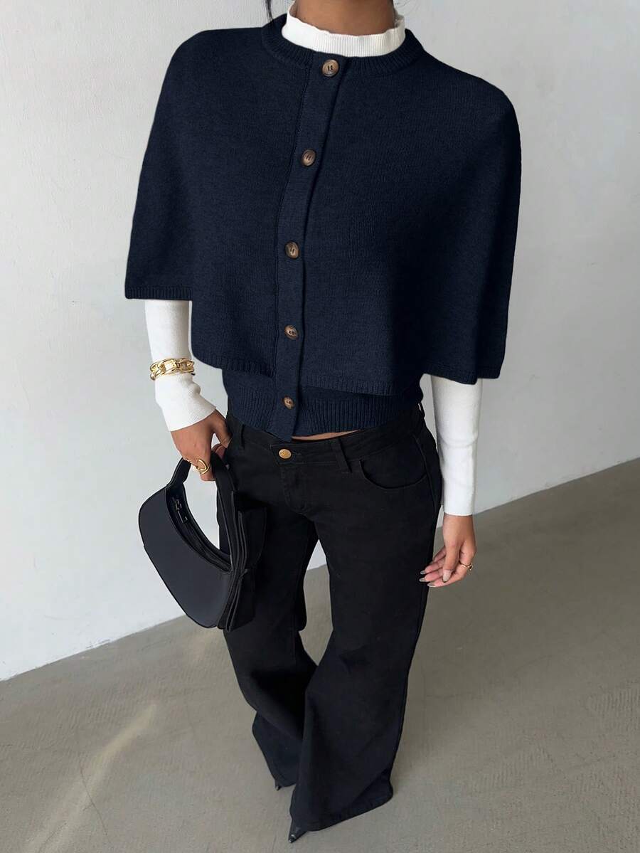 Elenzga Poncho femme boutonné, élégant cardigan tricoté chauve-souris - bleu indigo - Voir 1