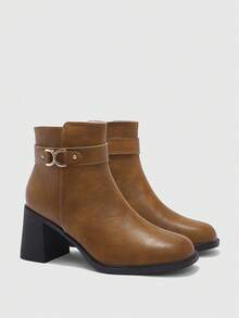 CUCCOO BIZCHIC Women's Fashion Ankle Boots, Square Toe Chunky Heel Design, Camel Color PU Material Solid Color, Side Zipper With Metal Buckle Strap, Versatile For Skirts, Jeans, Coats, Suitable For Autumn/Winter Outfits, Fashion Shows, Commuting, Stylish Women Ankle Boots - Camel - View 6