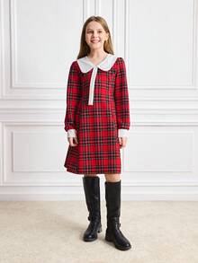 Vestito elegante a quadri natalizio per ragazza pre-adolescente, autunno/inverno - Rosso - Visualizzare 3