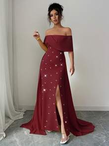 Elenzga 女士优雅奢华亮片缀饰露肩高开衩连衣裙，万圣节、圣诞节、沙特国庆节、新年派对、毕业典礼、婚礼、角色扮演的正式礼服，黄色拉链 - 酒紅色 - 查看 4