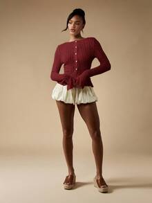 MISSGUIDED Cárdigan de punto calado burdeos con volante en el bajo, manga larga con botones, suéter de capas para otoño e invierno, Navidad - Burdeos - Ver 3