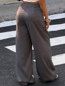 Muchica 女士时尚条纹阔腿西装裤，适合上班穿着 - 灰色 - 查看 2